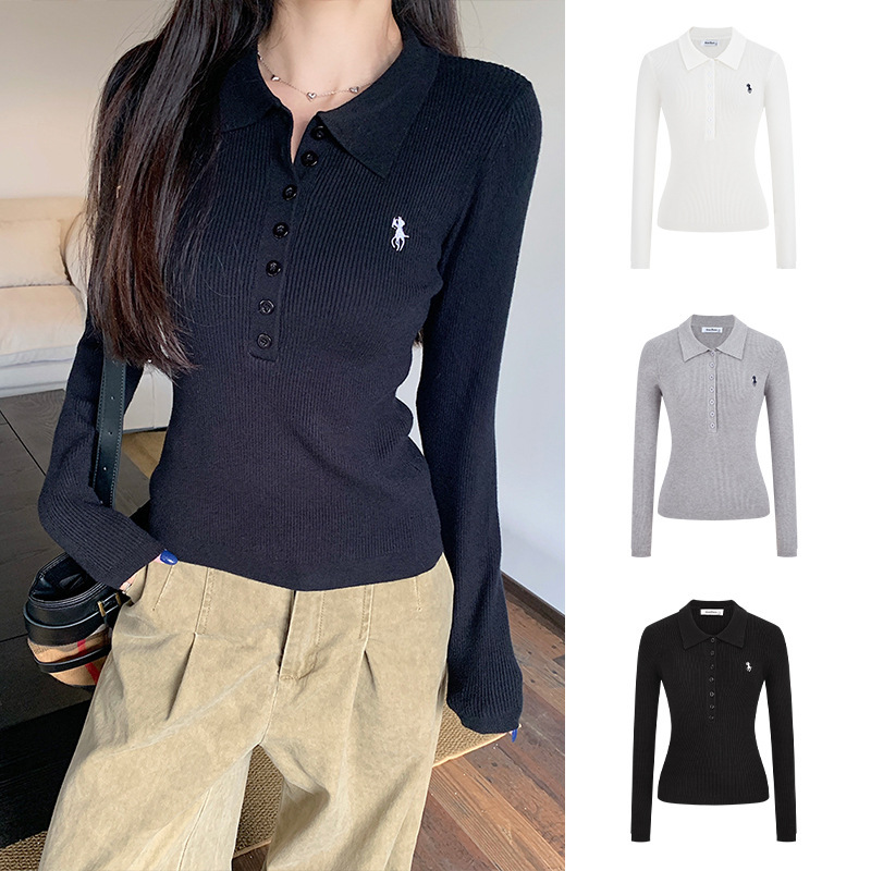 Designed Polo Collar Pony Embroidered Twist Knitwear Women's Autumn and Winter New Slim Slim Long-Sleeved Knitwear Designed Polo Collar Pony Embroidered Twist Knitwear Women's Autumn and Winter New Slim Slim Long-Sleeved Knitwear