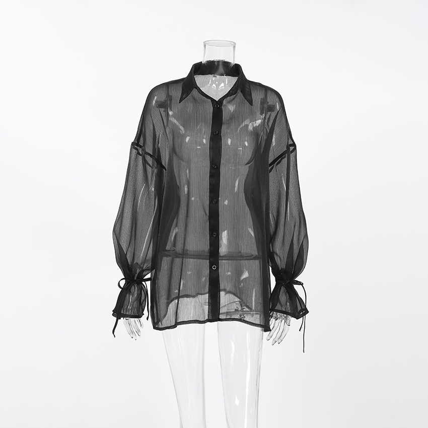 175g Weight Long Sleeve Sleeve Length Single Breasted Placket Type Bishop Sleeve Sleeve Type Polyester Fabric Type Regular Top Length Cardigan, Blouse Tops Type Daily, Party, Date Occasion Turndown Neckline Loose Fit Type Solid Color Pattern Summer Season Women's Gender Sexy Style Wholesale Women's Sexy Solid Color Long Sleeve Blouses 无