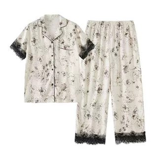春夏款女式人棉贡缎翻领家居服蕾丝花边袖口墨色玫瑰短袖睡衣套装