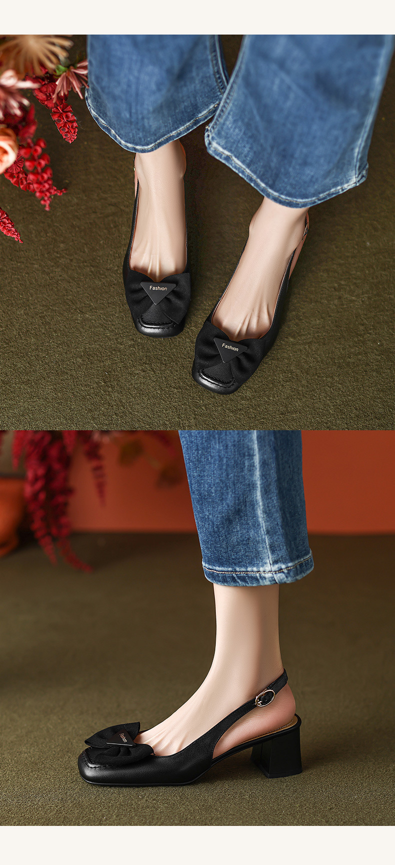 Sandal nữ mũi vuông quai ngang gót trung, phong cách mới xuân hè — Màu đen chi tiết 9