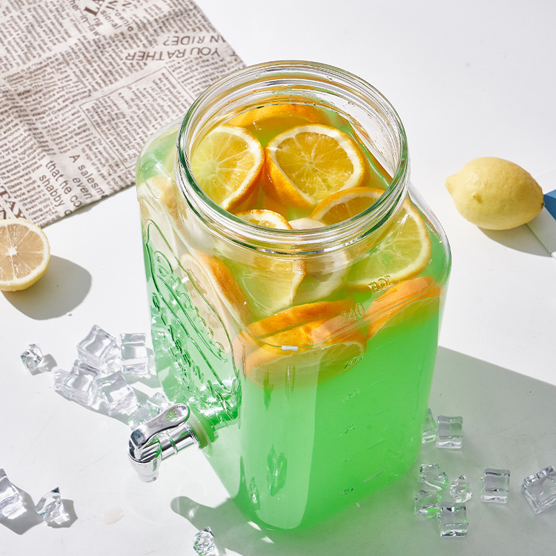 Barril de Coca-Cola, botella de vidrio con grifo, barril de bebida, jugo de limón, frutas, barril de té, barril de mezcla