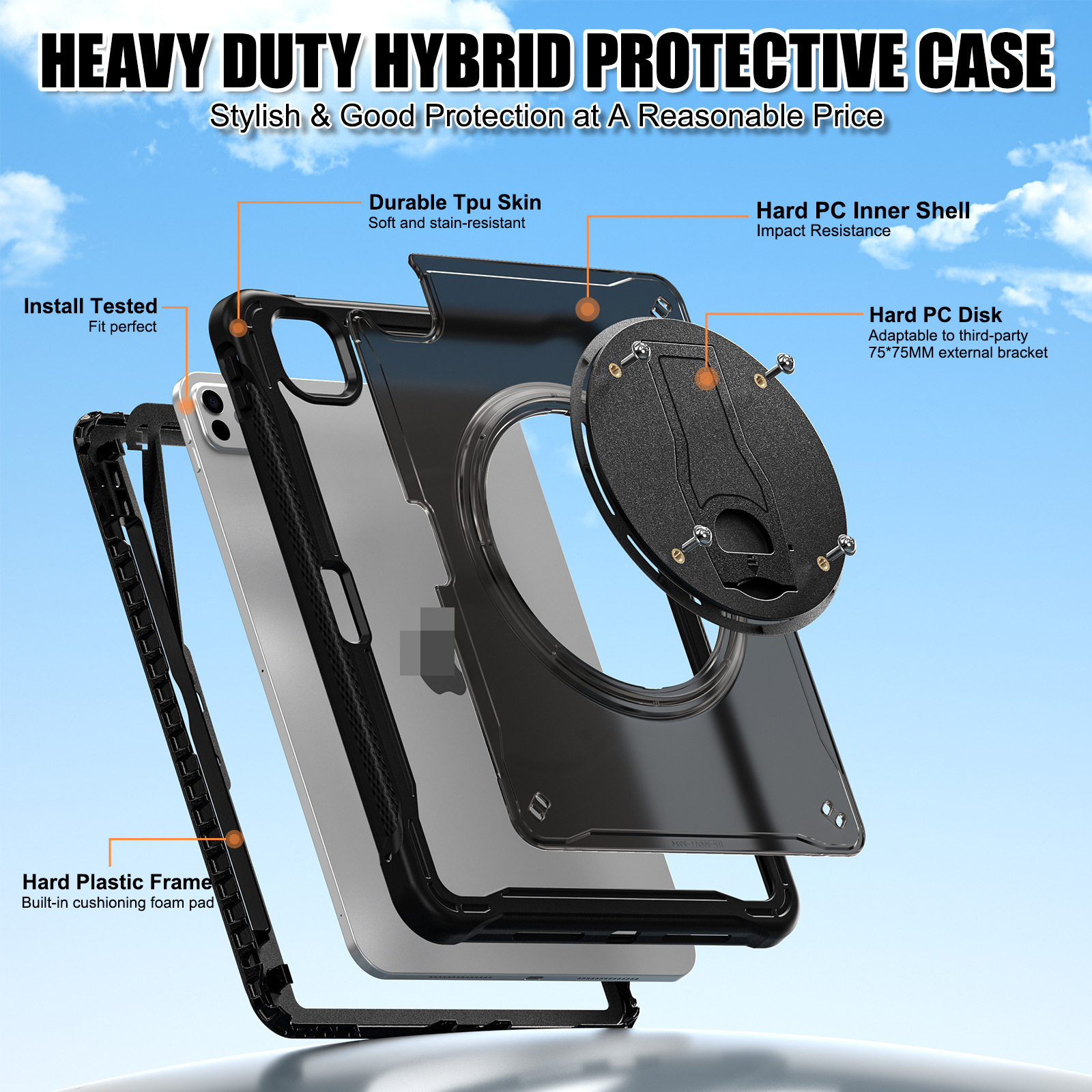 Screw-fixed rotating bracket flat cover for Samsung Tab A9 anti-fall protective shell three anti-matte black