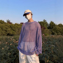 春秋季镂空针织衫男ins港味宽松情侣圆领毛衣韩版潮流纯色上衣服