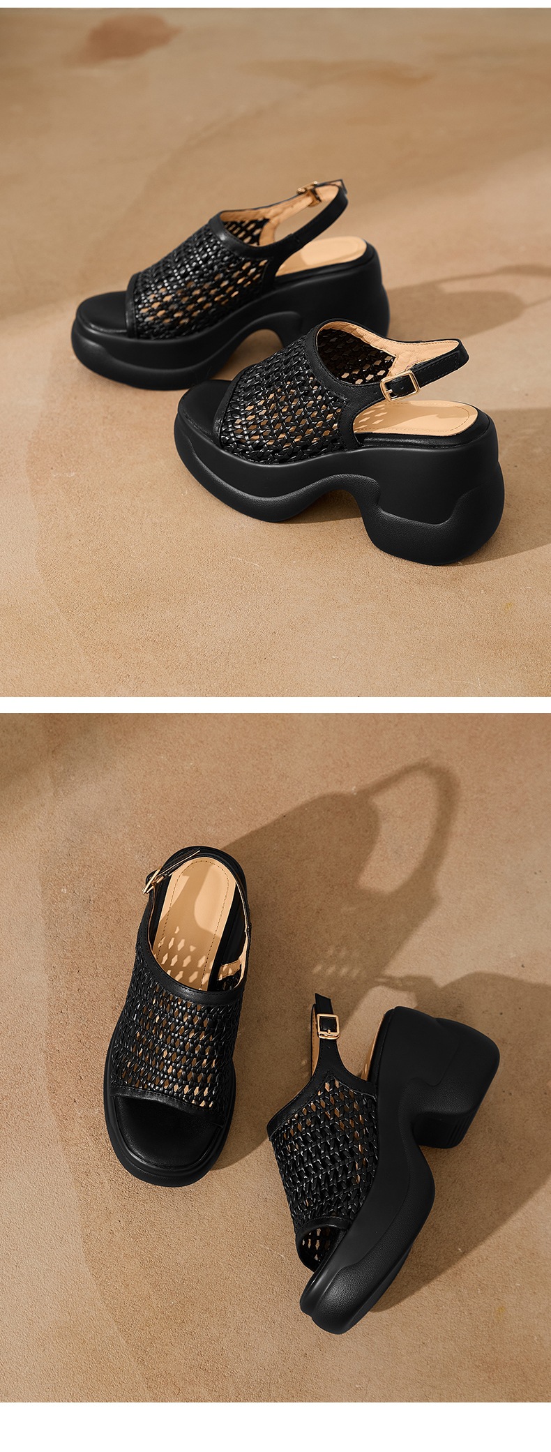 Sandal cao gót nữ mũi hở đế dày 8 cm kiểu dệt La Mã quai ngang — đen chi tiết 11