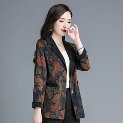 一件代发2025春秋新款西装外套女时尚修身百搭上衣显瘦印花妈妈装