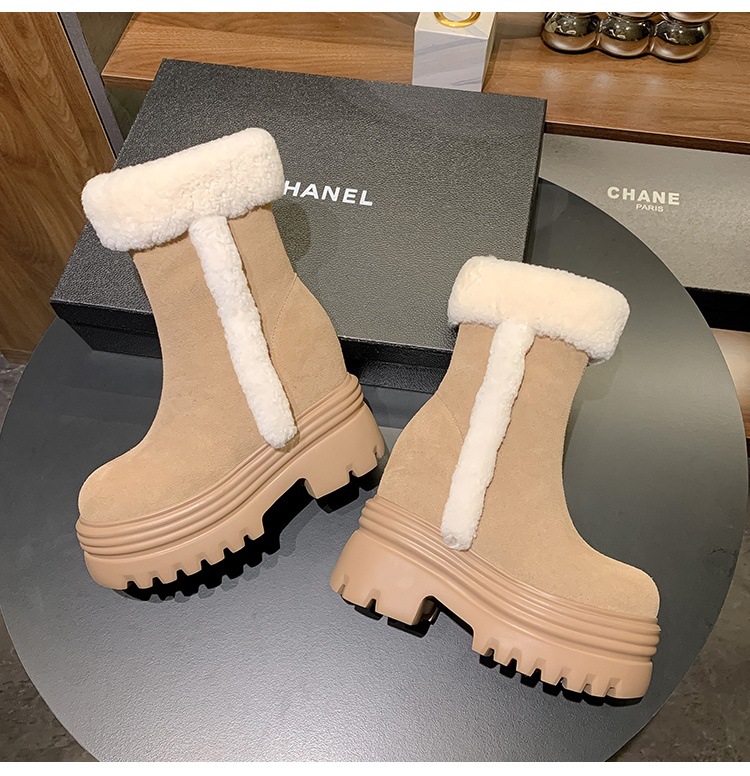 Boot ngắn nữ gót nêm lông cừu nhân tạo, tăng chiều cao bên trong, form ấm mùa đông — mơ 15cm chi tiết 17