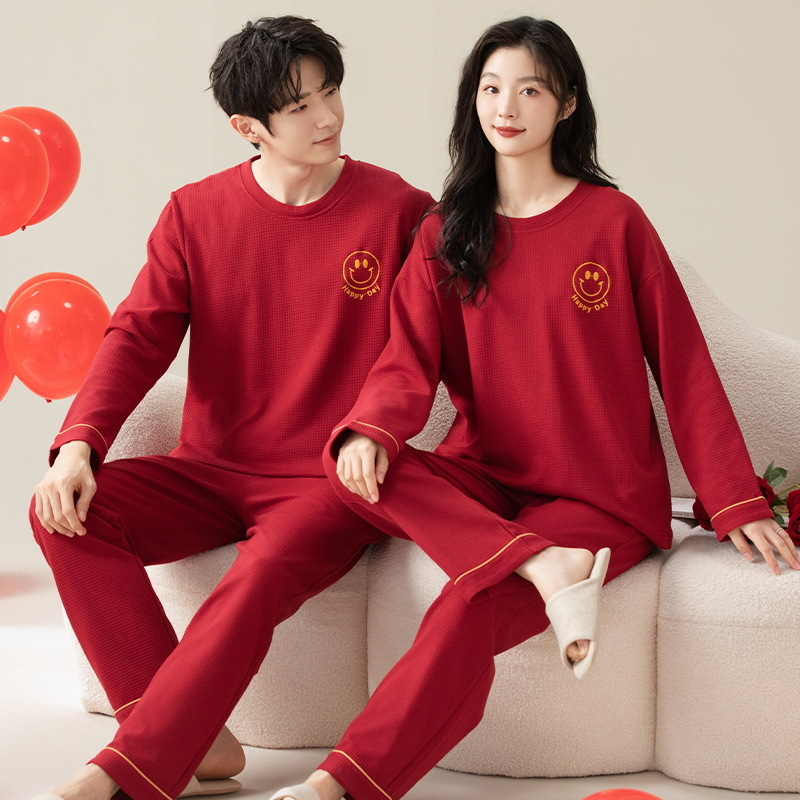 Pijama de otoño y invierno para parejas, traje rojo de mangas largas para hombres y mujeres, boda, chaqueta de fiesta, ropa casera casera