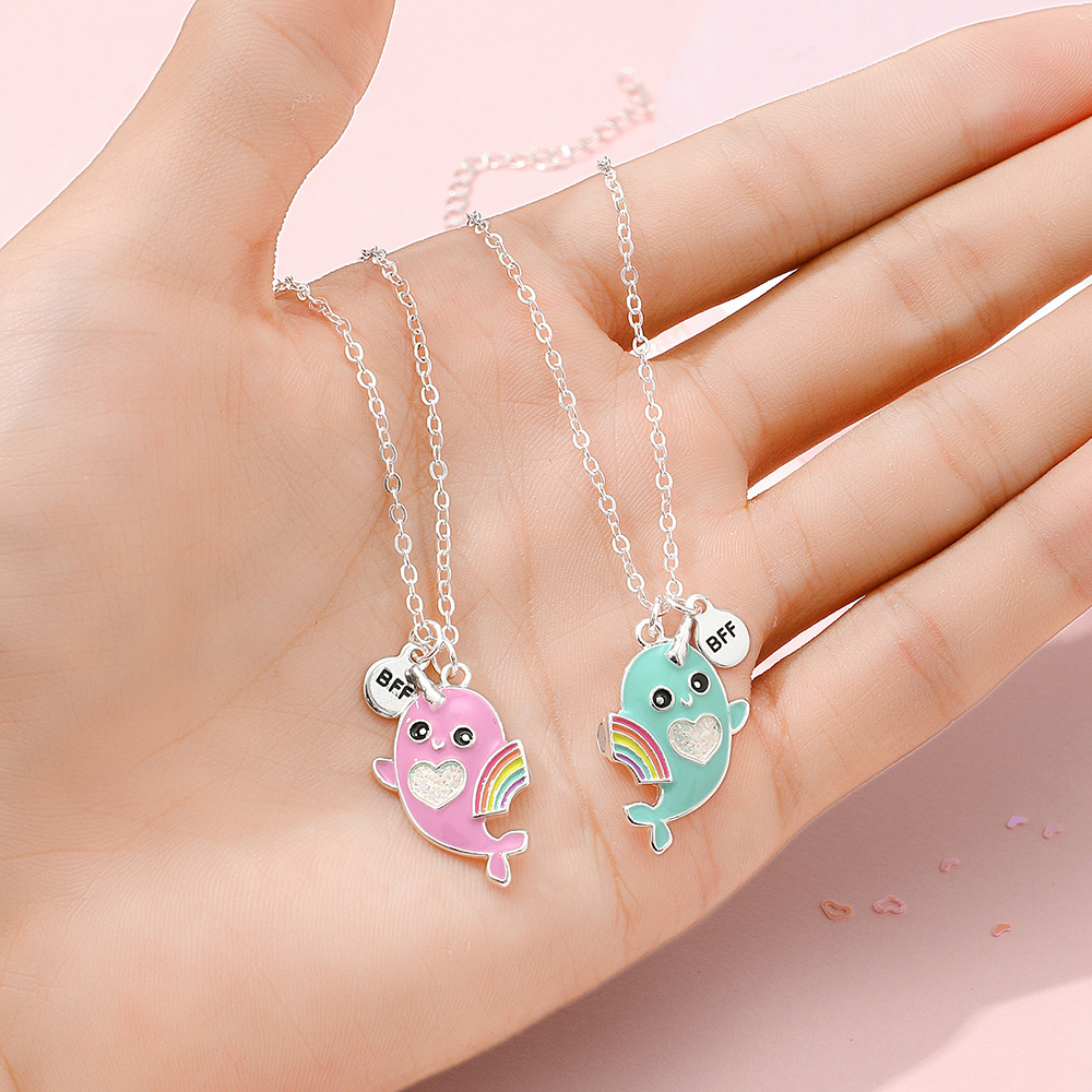 Cute Rainbow Heart Shape Whale Alloy Handmade Enamel Kid's Necklace 2 Piece Set display picture 3