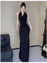 黑色高级中式性感蕾丝长裙鱼尾连衣裙收腰气质夏季修身御姐国风