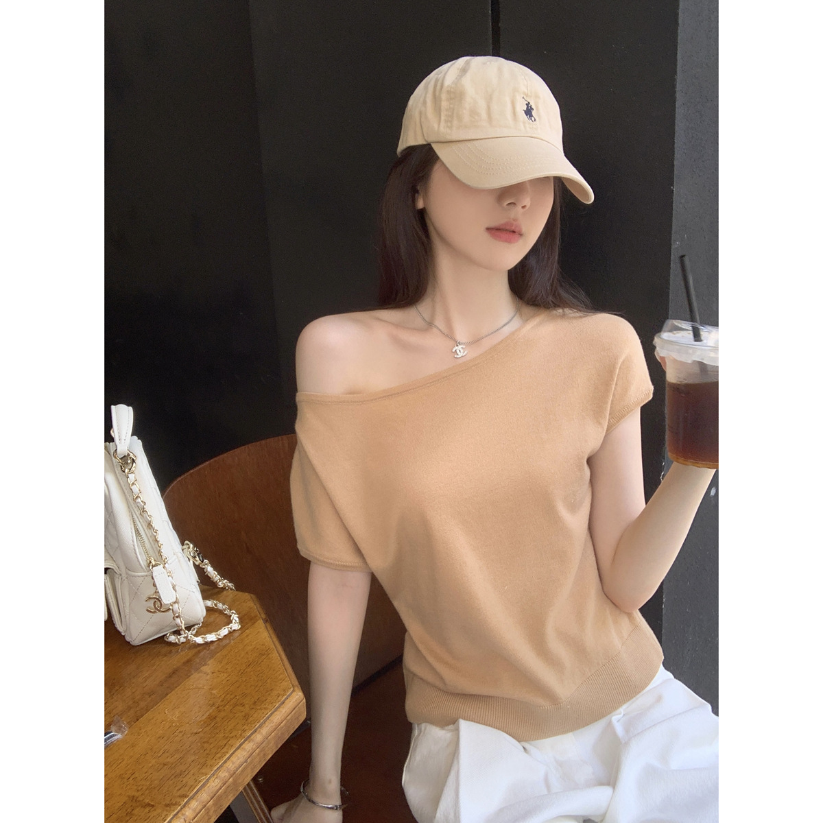 实拍 韩版气质宽松一字斜肩温柔百搭羊毛混坊针织衫短袖T恤女上衣