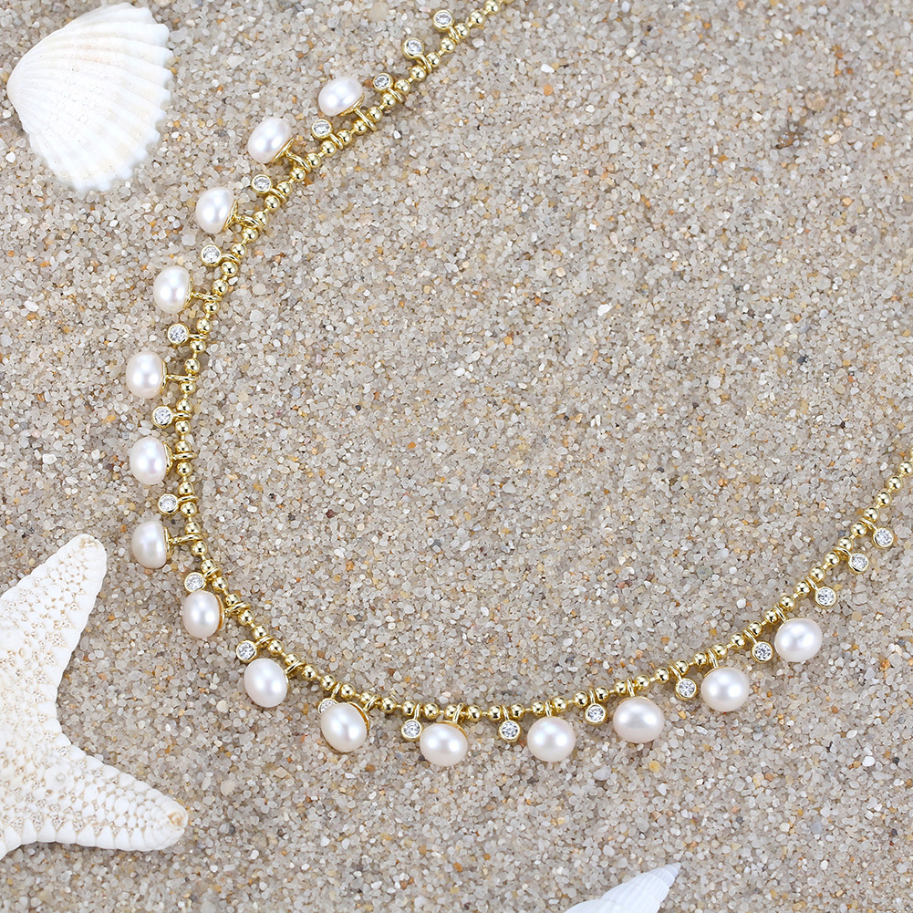 Zircon Inlay Material Necklace Classification 925 sterling silver Chain Material ball chain Chain Type 925 Sterling Silver Freshwater Pearl Zircon Ball Chain Plating Inlay Round Necklace