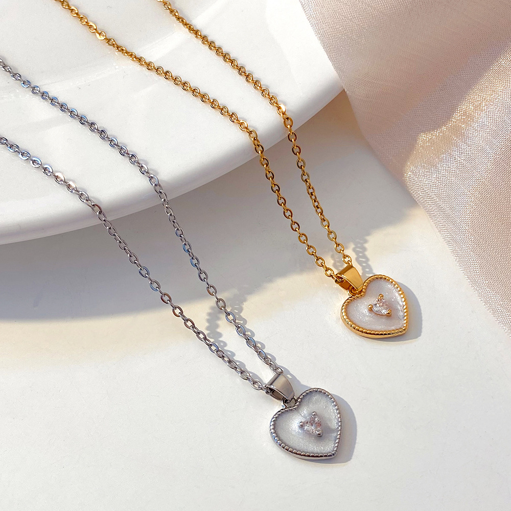 Fashion Heart Shape Copper Necklace Inlay Shell Zircon Copper Necklaces