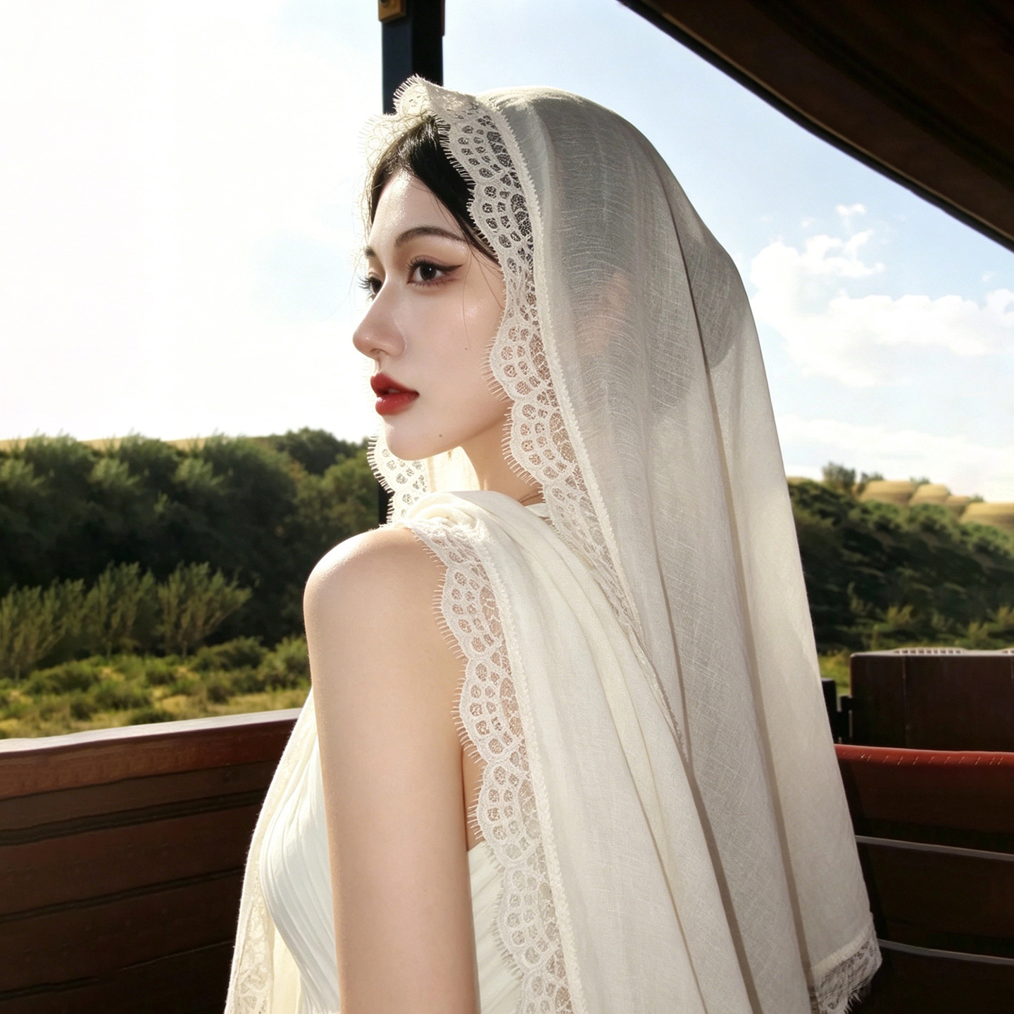 Korean Style Lace-Trimmed White Silk Scarf for Women, Summer French-Style Travel Sun Protection Shawl, Versatile Thin Scarf