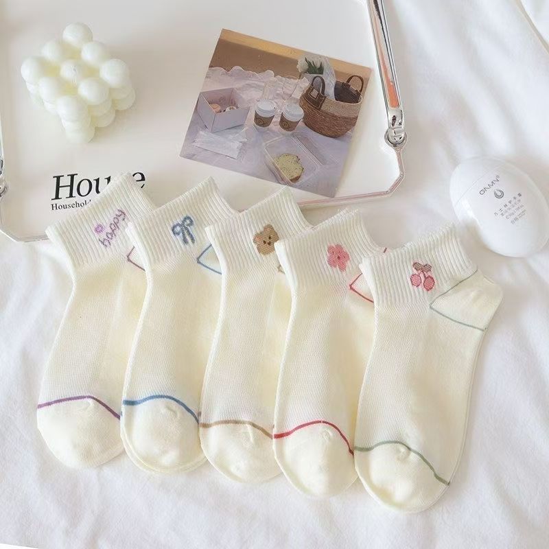 Blanco dibujos animados osos arco calcetines de mujer barril corto de verano delgado in-mode versátil lindos calcetines transpirables