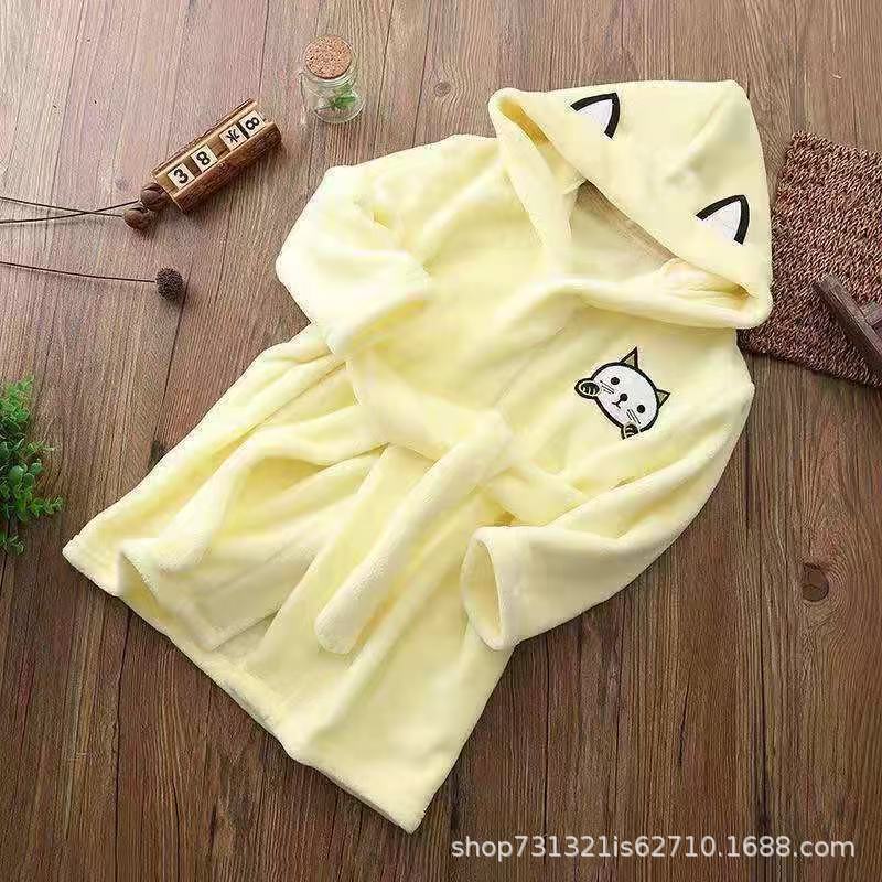 Spring and Autumn Girls' Children's Pajamas Flannel Bathrobe Boys' Home Clothes Hooded Medium and Large Children's Pajamas Winter Cute