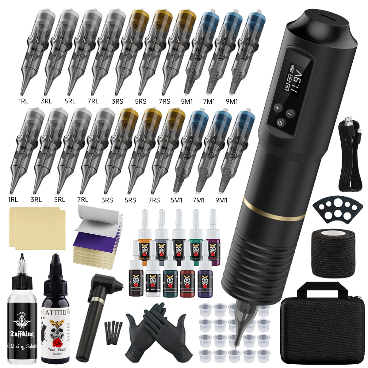 Bolígrafo inalámbrico de batería transfronteriza conjunto completo de herramientas de tatuaje de corte de alambre y niebla de aguja de tinta de tatuaje conjunto completo de consumibles