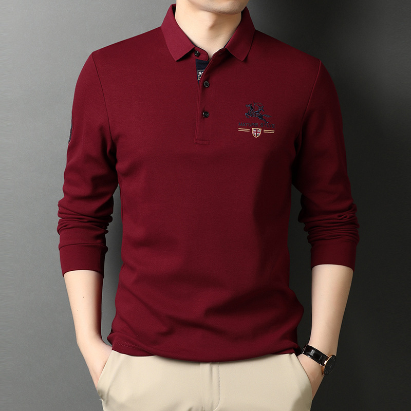 Men's cotton long-sleeved T-shirt middle-aged lapel spring and autumn casual men's embroidered bottoming shirt red zodiac year T-shirt Men's cotton long-sleeved T-shirt middle-aged lapel spring and autumn casual men's embroidered bottoming shirt red zodiac year T-shirt