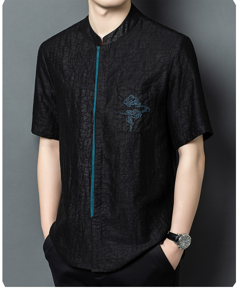 Áo sơ mi ngắn tay nam cổ đứng lụa tơ tằm 100% Mulberry Silk phong cách vintage — Da đen 26638 chi tiết 8
