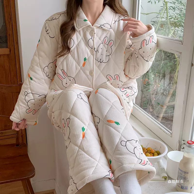 保暖居家舒适三层夹棉睡衣女冬季加厚棉袄家居服套装跨境批发睡衣