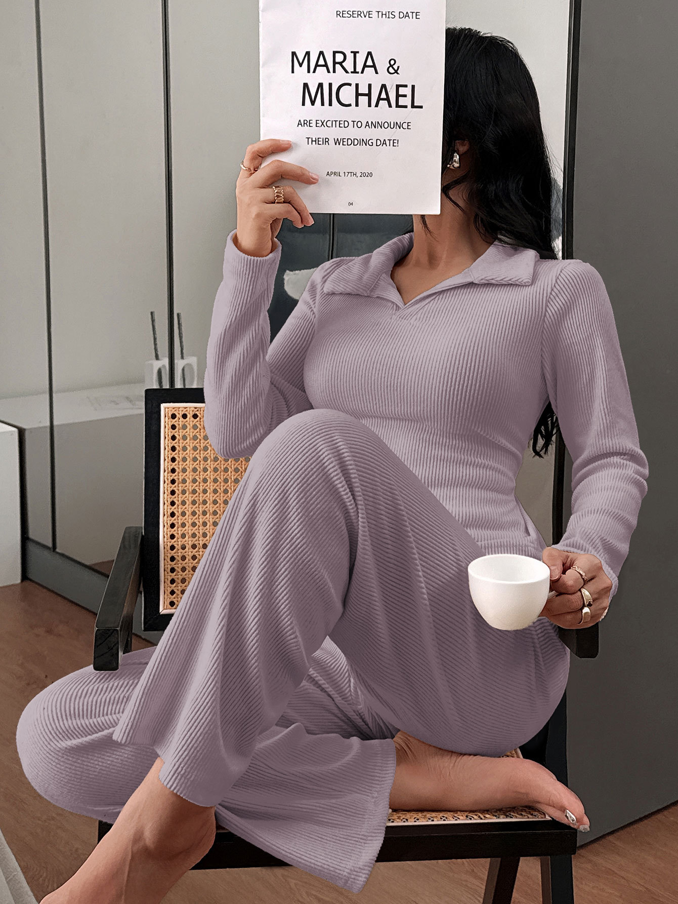 Damernas pyjamasset med polokrage och långärmad loungewear_voghion.com