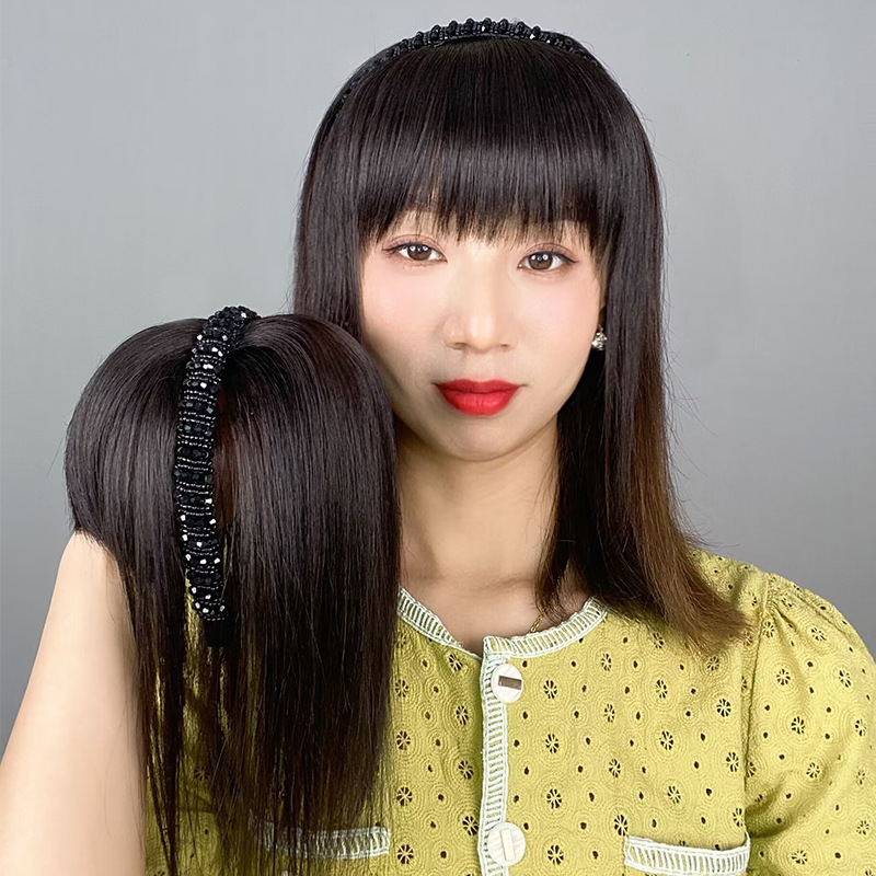 Head wig piece real hair covering white hair crystal headband bangs one-piece covering hairline natural forehead bangs wig