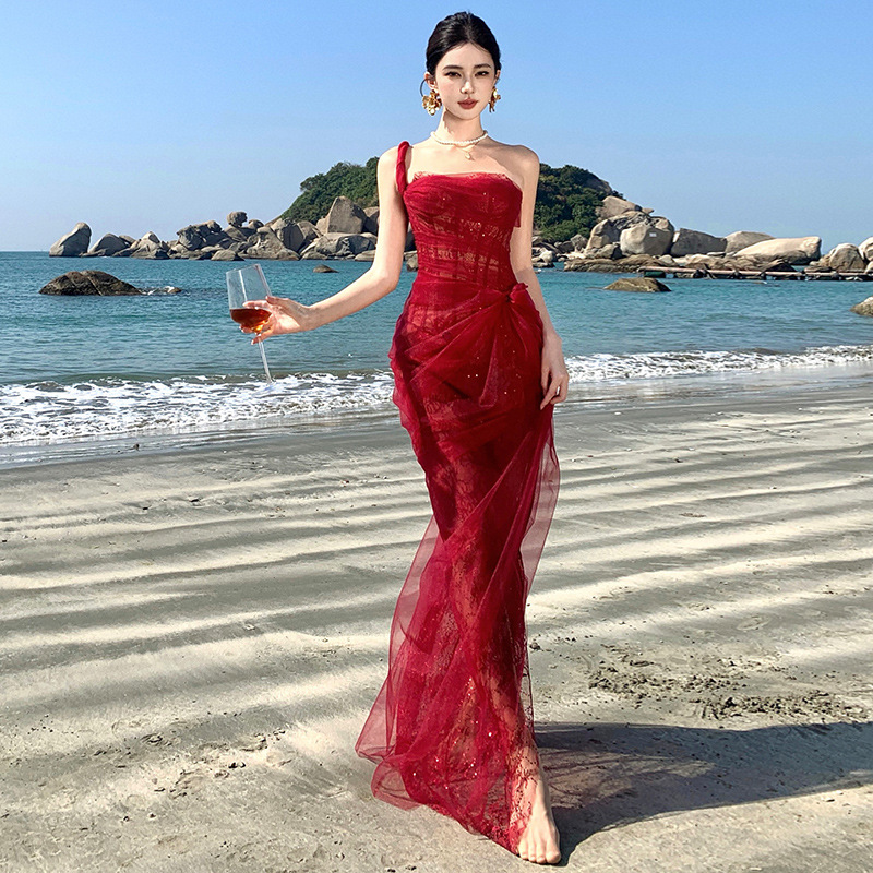 Vietnam Niche Light Yarn Tube Top Sling dress High-end Dress Salt Style Light Mesh Seaside Dress