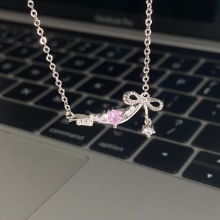 Titanium Steel Fashion High-End Diamond Pink Bow Tassel Necklace Girls Niche Design Clavicle Chain Necklace Wholesale
