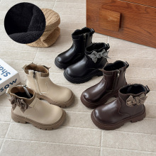 ins法式皮靴2025秋冬季新款韩版女童千鸟格蝴蝶结马丁靴加绒短靴