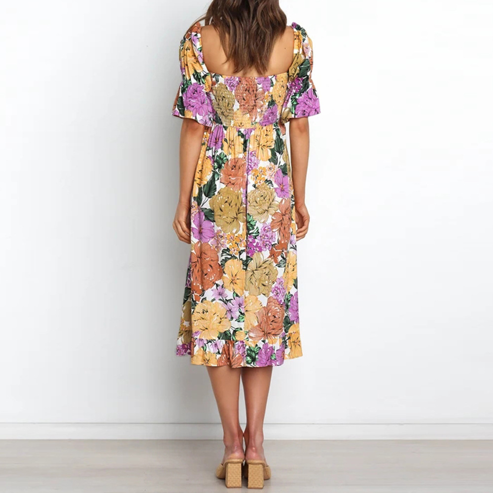 Long Style Square Neck Puff Sleeve Floral Dress NSJR116953