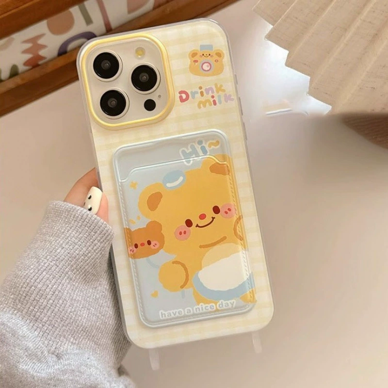 Айфон совместимый с iPhone 16, милый чехол для телефона, масло, держатель для карт, ремешок, 16promax, с маленькими медведями, iphone