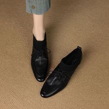 3.5CM英伦风深口前系带小皮鞋粗跟2025春季新款百搭单鞋中跟黑色