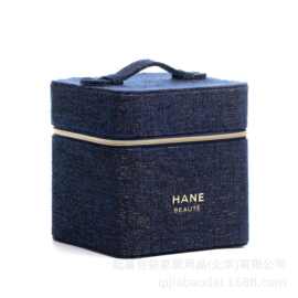 包包工厂定制蓝色金丝粗花呢手提化妆箱  高级感金丝线化妆箱包