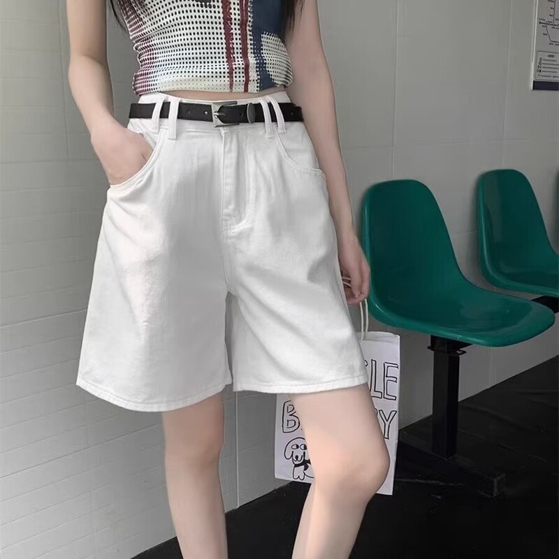 White Five-point Straight Jeans Women's Summer Small High Waist Loose All-match Casual A- line Wide Leg Middle Pants