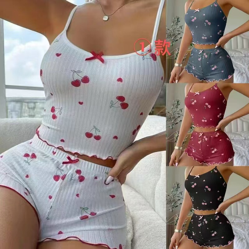 Printed New Product Set for Women, Cute Cherry Print Solid Color Loungewear with Bow, Comfortable Camisole Pajamas Printed New Product Set for Women, Cute Cherry Print Solid Color Loungewear with Bow, Comfortable Camisole Pajamas