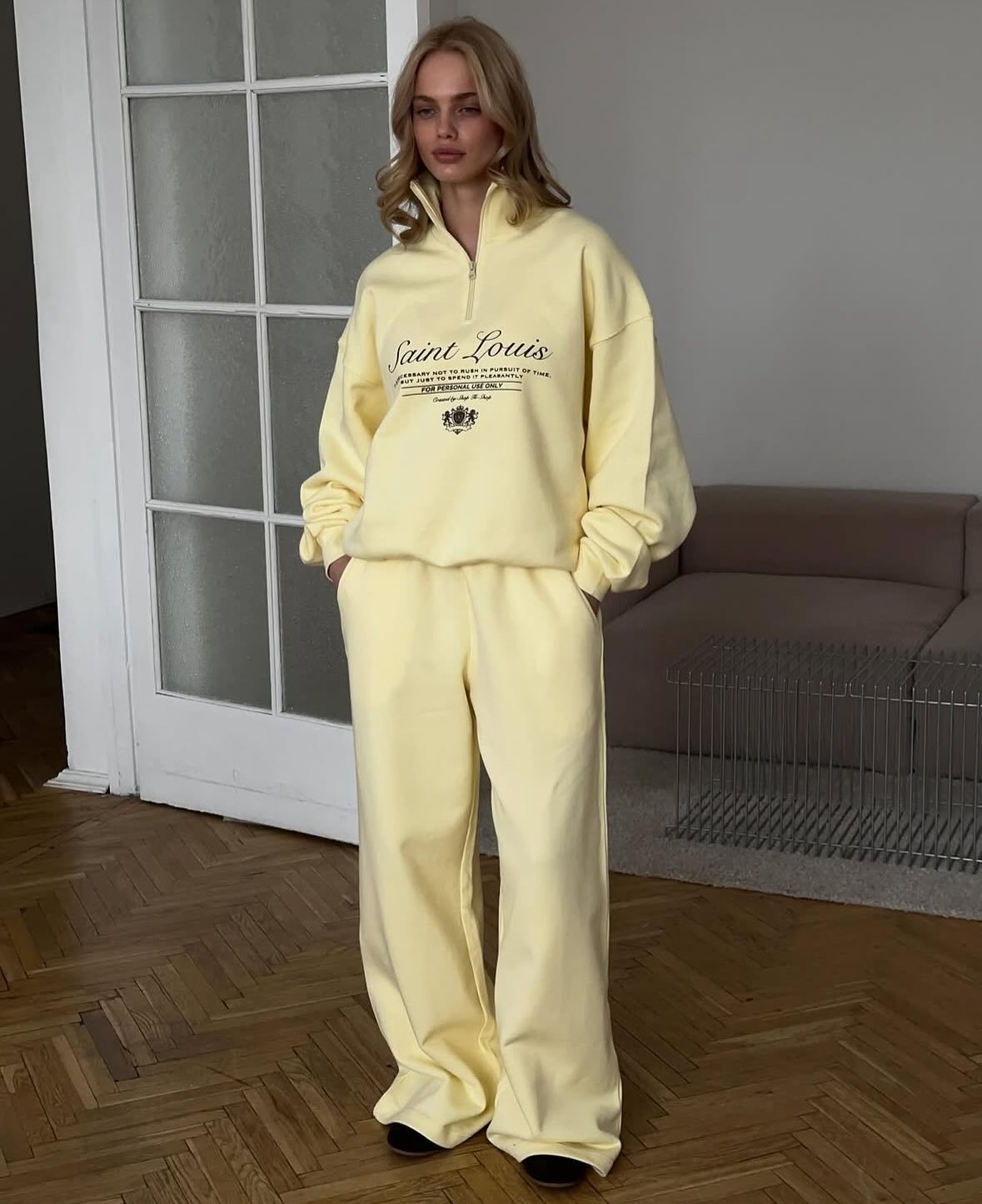 Unisex Oversized Letter Print Half-Zip Sweatshirt & Straight-Leg Joggers Set (95% Organic Cotton, Gender-Neutral Streetwear, Minimalist Aesthetic)_voghion.com
