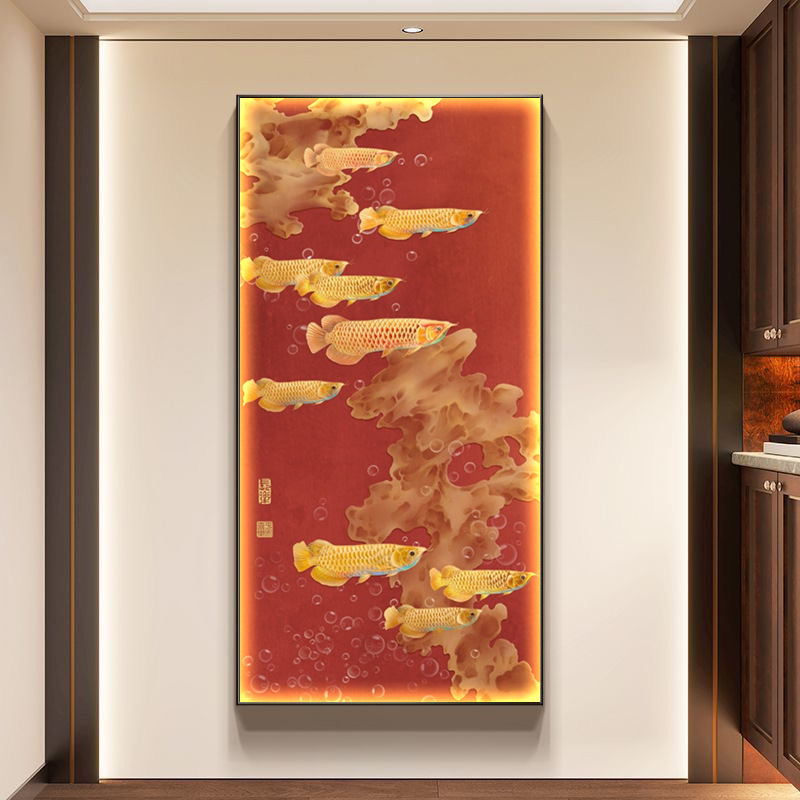 金龙九鱼入户进门中式玄关装饰画寓意好古典走廊过道尽头挂画壁画|undefined
