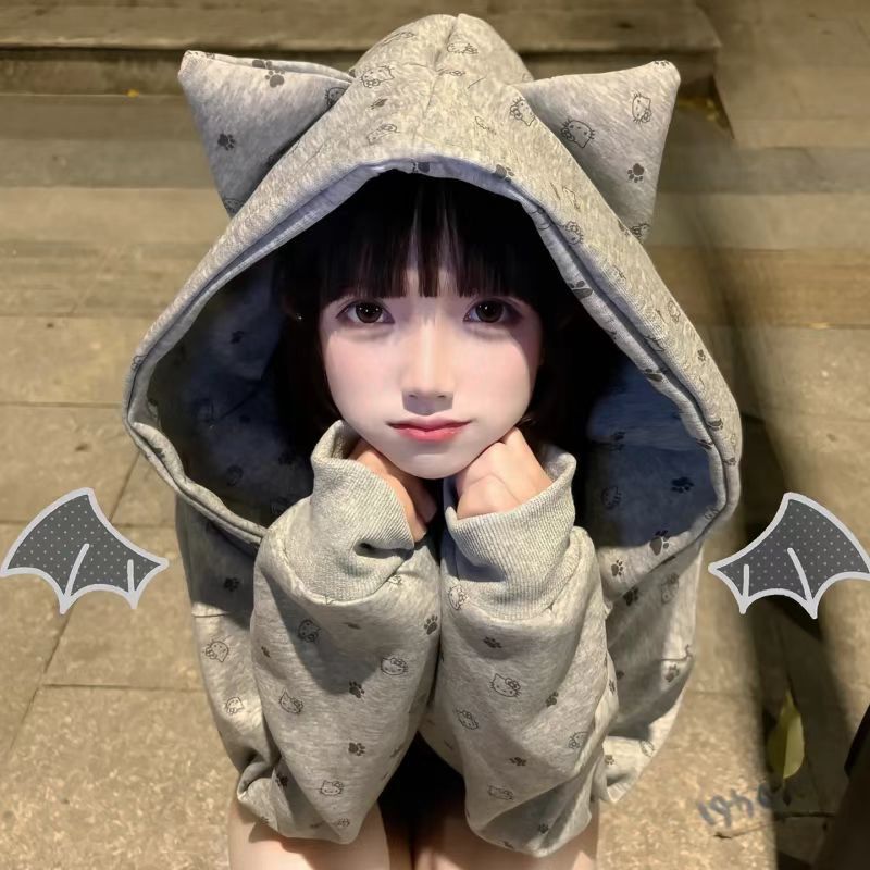 Korean Cute Ear Kitty Beaded Hooded Sweatshirt for Women in Autumn and Winter High-End Lazy Niche Cardigan Jacket