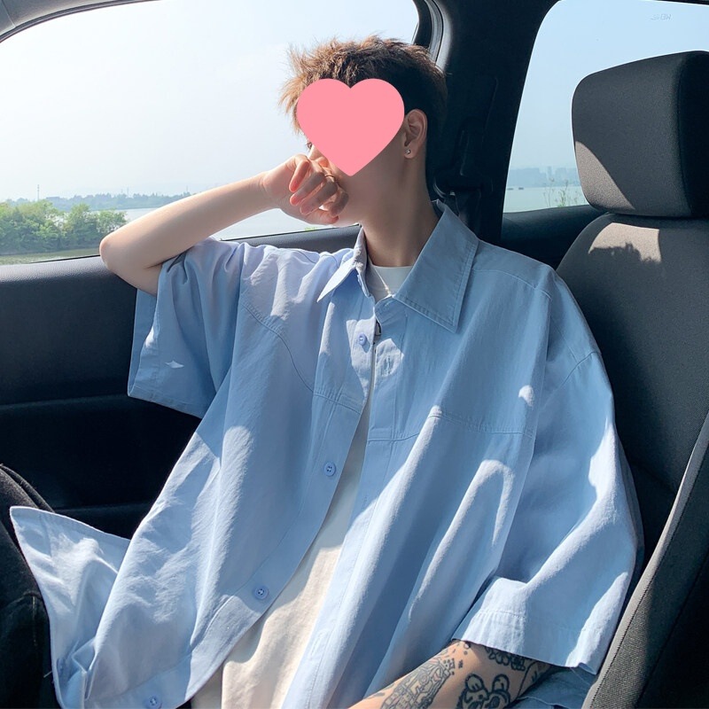 Blue Short-Sleeved Shirt for Men, Summer Thin Style, Hong Kong Style, Retro, Simple, Loose, Large Size, Three-Quarter Drop Shoulder Sleeve Shirt Jacket