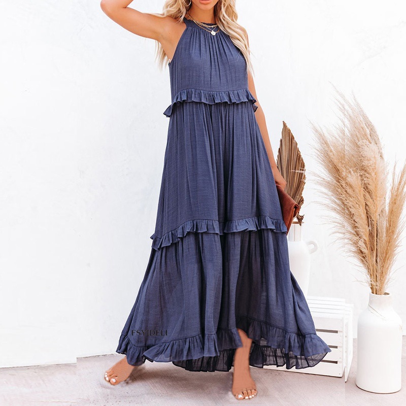 Women's Tiered Skirt Casual Boat Neck Patchwork Sleeveless Solid Color Maxi Long Dress Daily display picture 2
