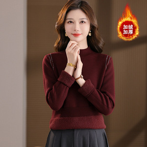 秋冬打底衫年轻款女装纯色针织衫加绒加厚圆领保暖打底衫大码宽松，女装针织衫/毛衣，妃慕昵服饰