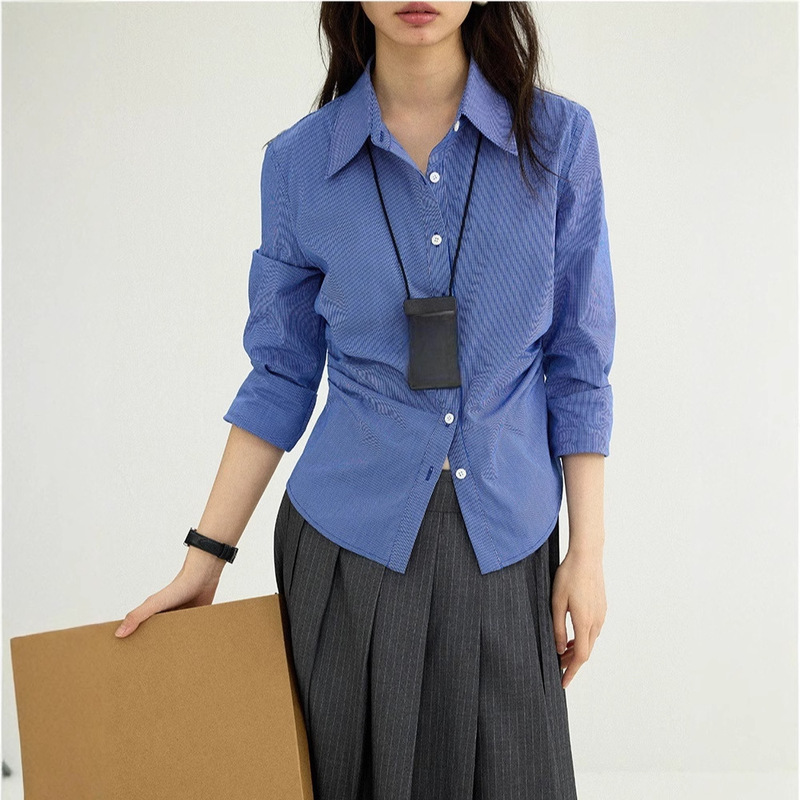 Trendy Preppy Retro Style Versatile Pleated Shirt Waist-Slimming Top Multi-Season Plaid Shirt