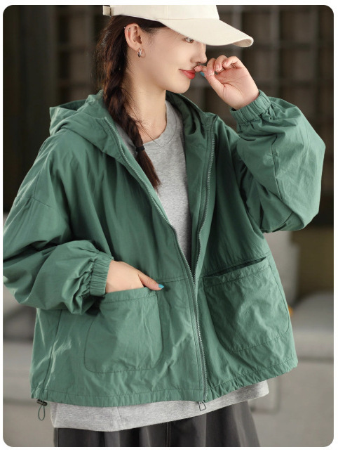古咖服饰2025秋季复古棉质双层连帽短外套女装时尚抽绳摆长袖开衫|undefined