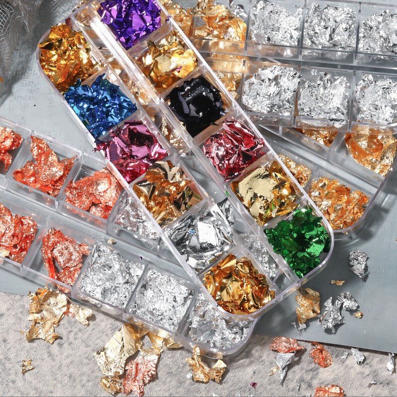 Cross-Border Direct Supply of Nail Gold Foil, Rose Gold and Silver Foil Paper, Colorful Fragments, 12-Compartment Long Box Nail Art Decoration Set