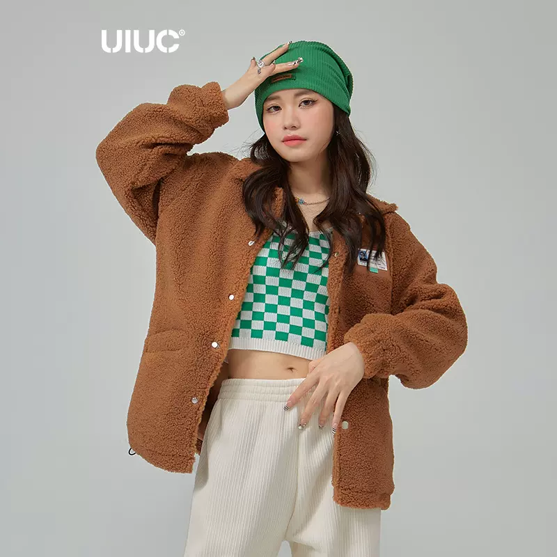 捷展折扣店|甜辣少女学院风刺绣翻领纽扣羊羔绒夹克加厚外套