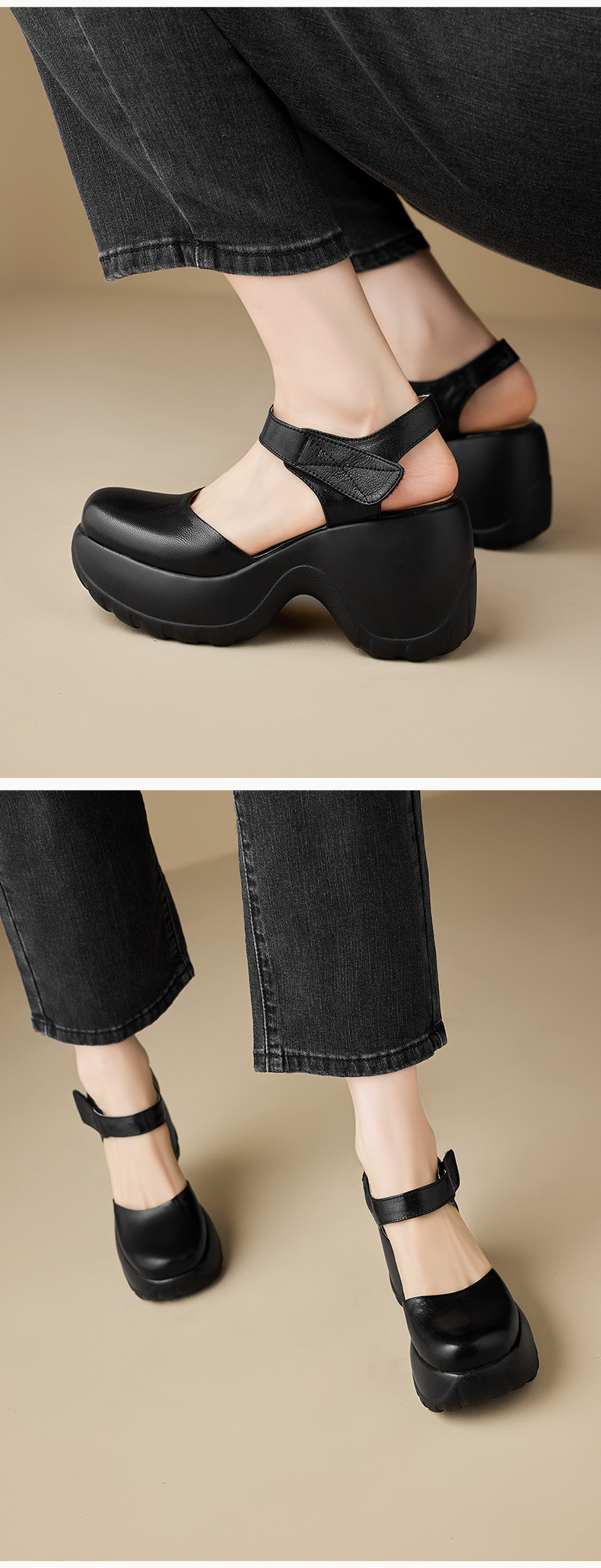 Sandal cao gót nữ hở mũi da thật quai dán, đế platform chống trượt, gót 9 cm — màu đen, màu trắng ngà chi tiết 9