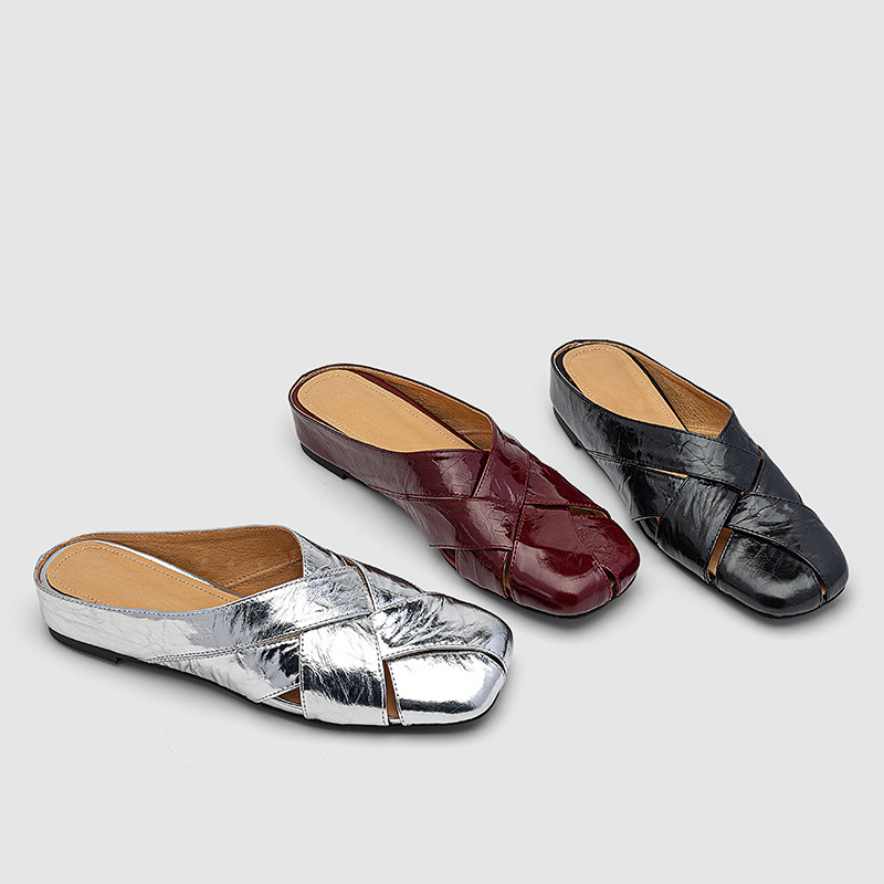 Dép sandal nữ quai ngang mũi bò dệt, đế bệt đi ngoài trời — đen chi tiết 4