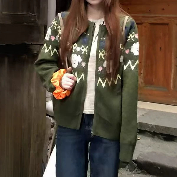 Green retro Fair Isle sweater cardigan for women, 2025 new autumn and winter Christmas outfit, loose, soft, and thick top