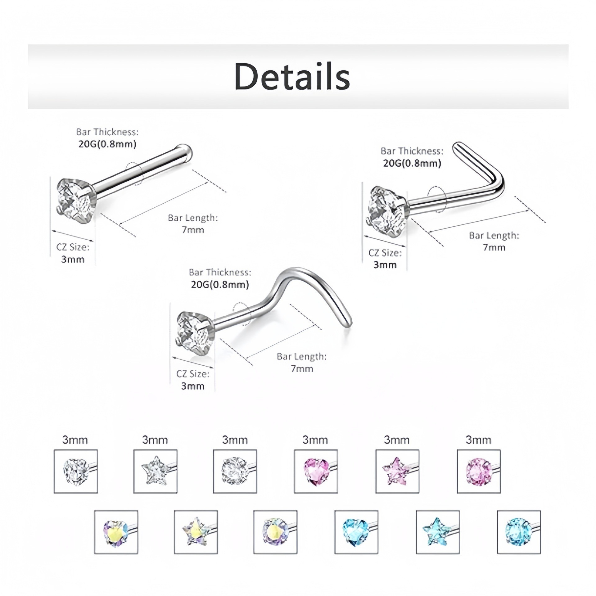 Stainless Steel S L Type Stud European And American Bestselling Heart Zircon Nose Ring Straight Rod Piercing Jewelry_voghion.com