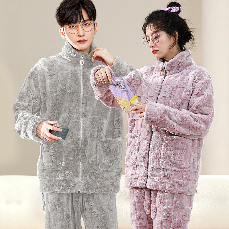 2024 New Couple Home Wear Autumn and Winter Warm and Comfortable Cotton Velvet Long-Sleeved Fleece-Lined Pajamas Set Thickeneded Can Be Approved
