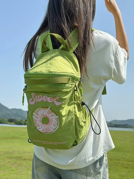 Japanese donut embroidered drawstring backpack, outdoor travel backpack, hiking bag, universal embroidered nylon drawstring bag